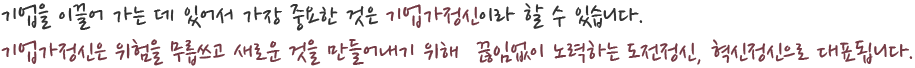 기업을 이끌어 가는 데 있어서 가장 중요한 것은 기업가정신이라 할 수 있습니다. 
			기업가정신은 위험을 무릅쓰고 새로운 것을 만들어내기 위해  끊임없이 노력하는 도전정신, 혁신정신으로 대표됩니다.